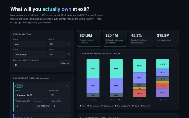 Exit Owner — cap-table simulator