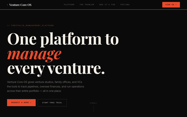 Venture Core OS landing page